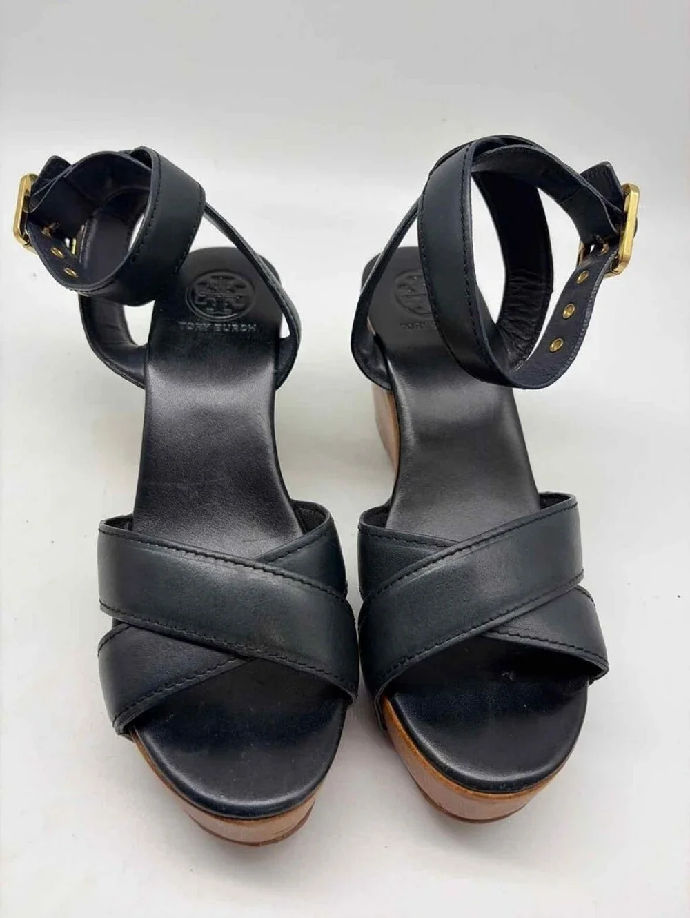 Tory Burch Almita Black Leather Ankle Strap Platform Wedge Sandals size 8.5M